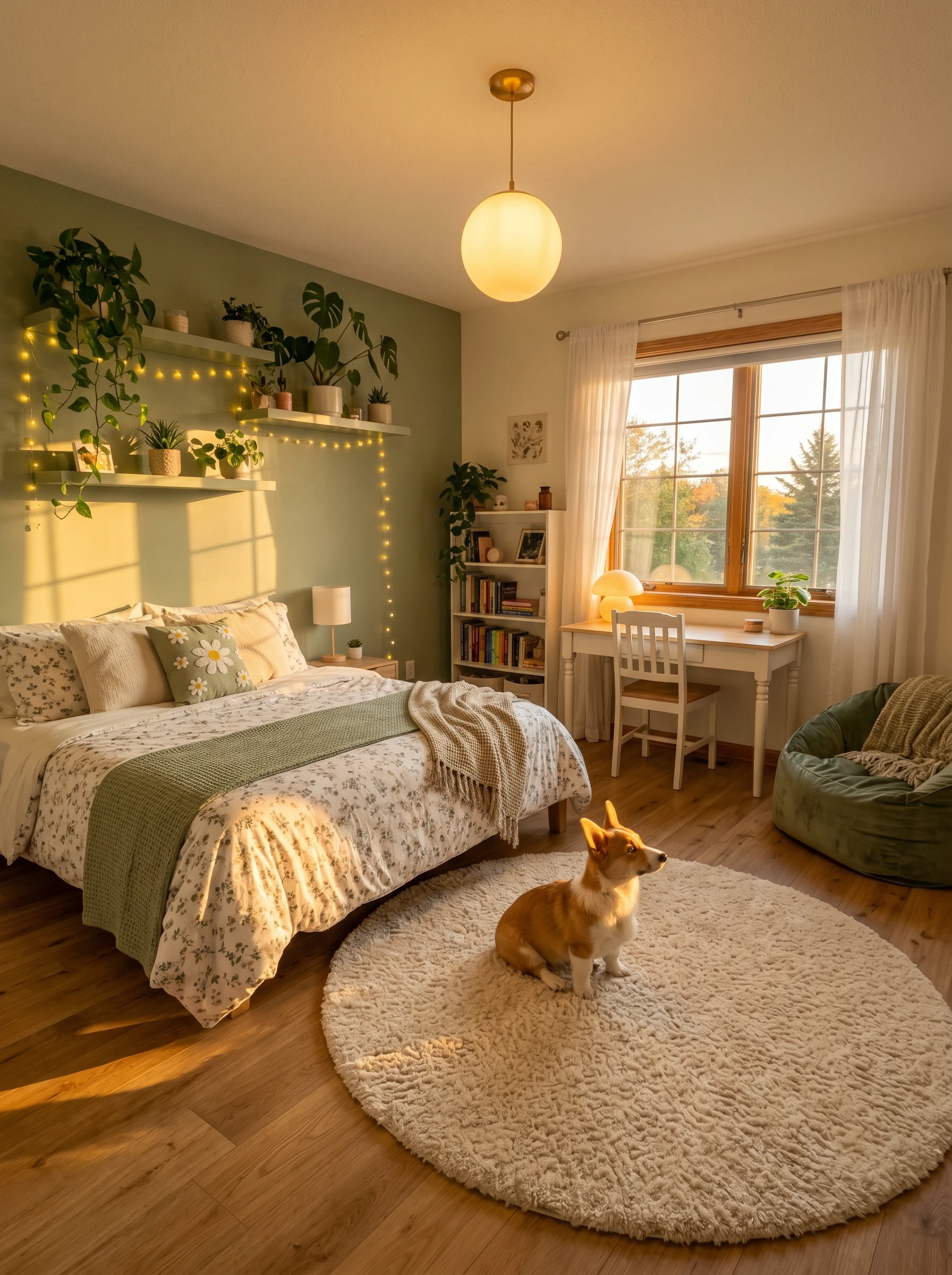 cozy sage green bedroom at golden hour with corgi puppy sitting on fluffy white rug white floral bed floating shelves