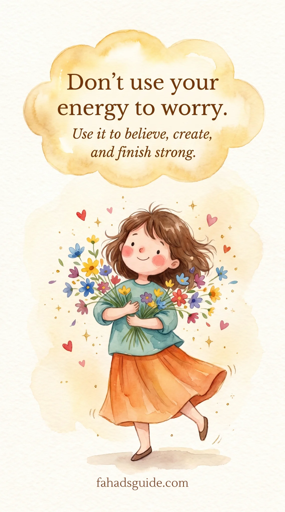 A smiling girl holds a colorful bouquet of flowers, surrounded by hearts. Text above reads: "Don't use your energy to worry. Use it to believe, create, and finish strong."