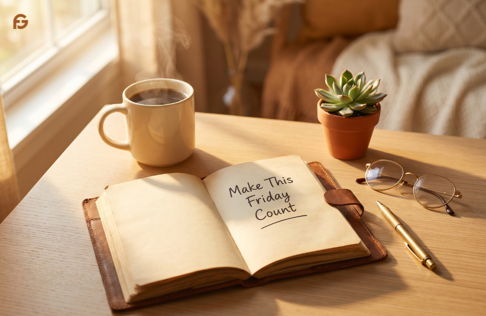 Cozy table scene with an open notebook saying, "Make This Friday Count," a steaming coffee mug, glasses, pen, and succulent plant by a sunlit window. (Friday Motivation For Work)