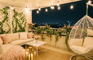 beautifully styled small apartment balcony at night with Edison string lights cream sofa egg swing chair pink flowers and gold lanterns showing complete romantic balcony transformation