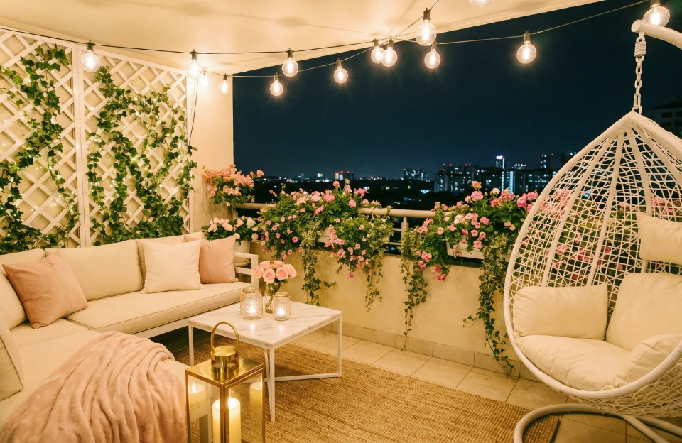 beautifully styled small apartment balcony at night with Edison string lights cream sofa egg swing chair pink flowers and gold lanterns showing complete romantic balcony transformation