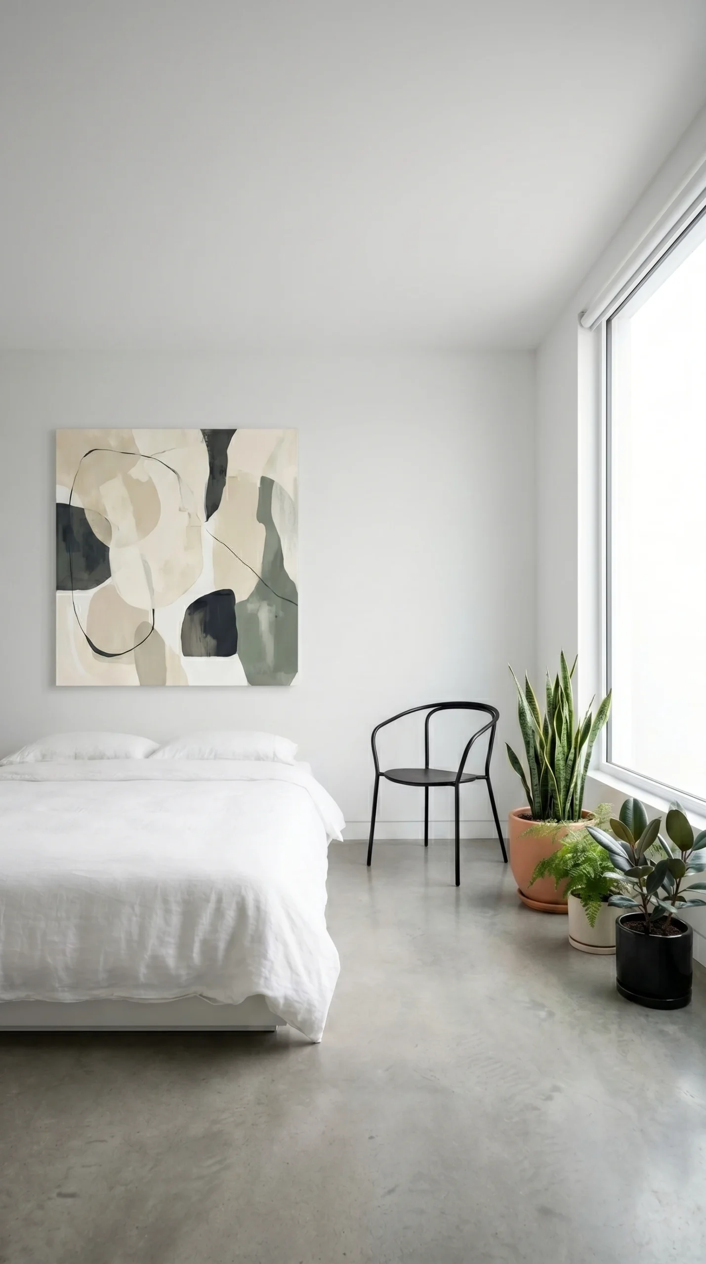 Minimalist bedroom with a bed in white bedding, abstract art on the wall, a black chair, and several potted plants by a large window letting in natural light. The room has a clean, modern aesthetic.