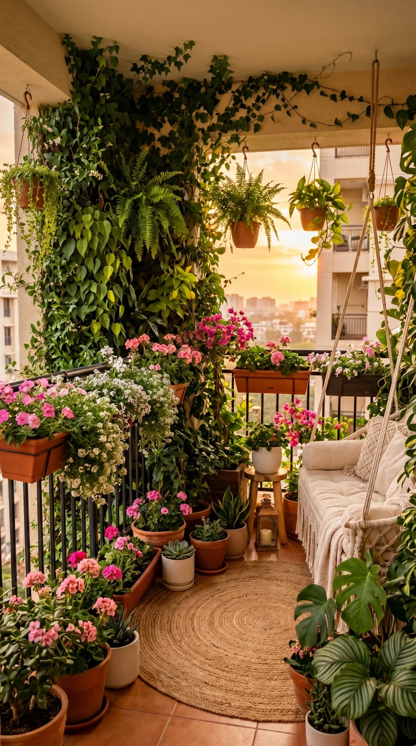 lush plant covered small apartment balcony at golden hour with living wall of trailing ivy pink flowering plants round jute rug and cream swing chair in warm sunset light