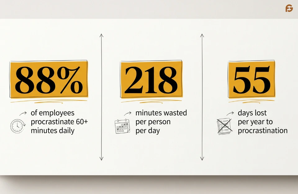 procrastination statistics showing 88 percent of employees procrastinate daily and 218 minutes wasted per day