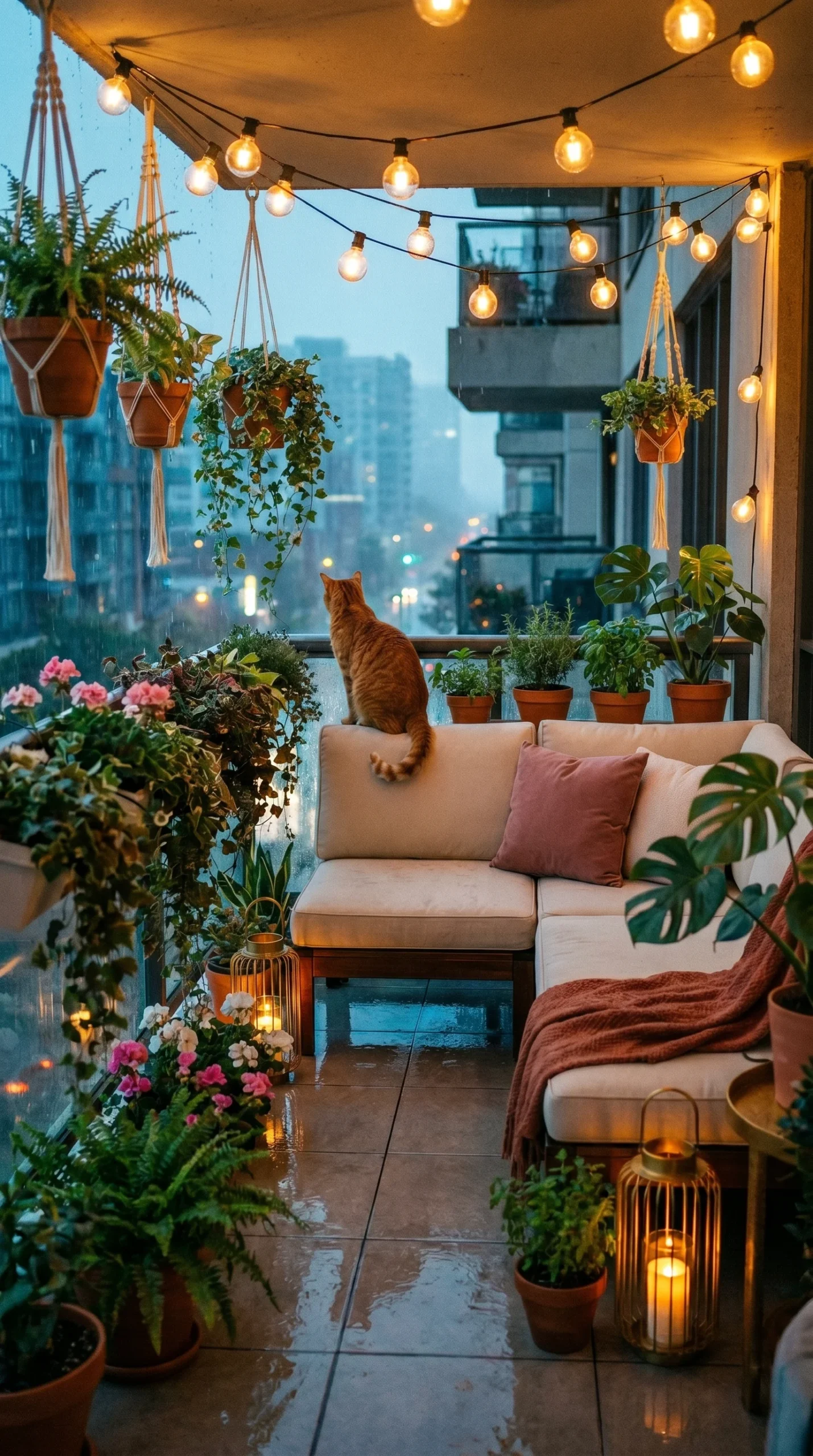 ginger tabby cat sitting on apartment balcony railing watching rain while warm styled balcony glows behind with Edison lights cream sofa gold lanterns and trailing plants