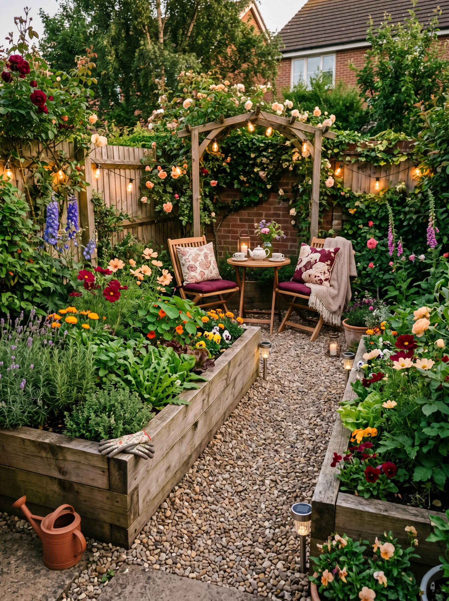 Two timber raised beds in a small garden filled with herbs, salad leaves and flowers with gravel path between them