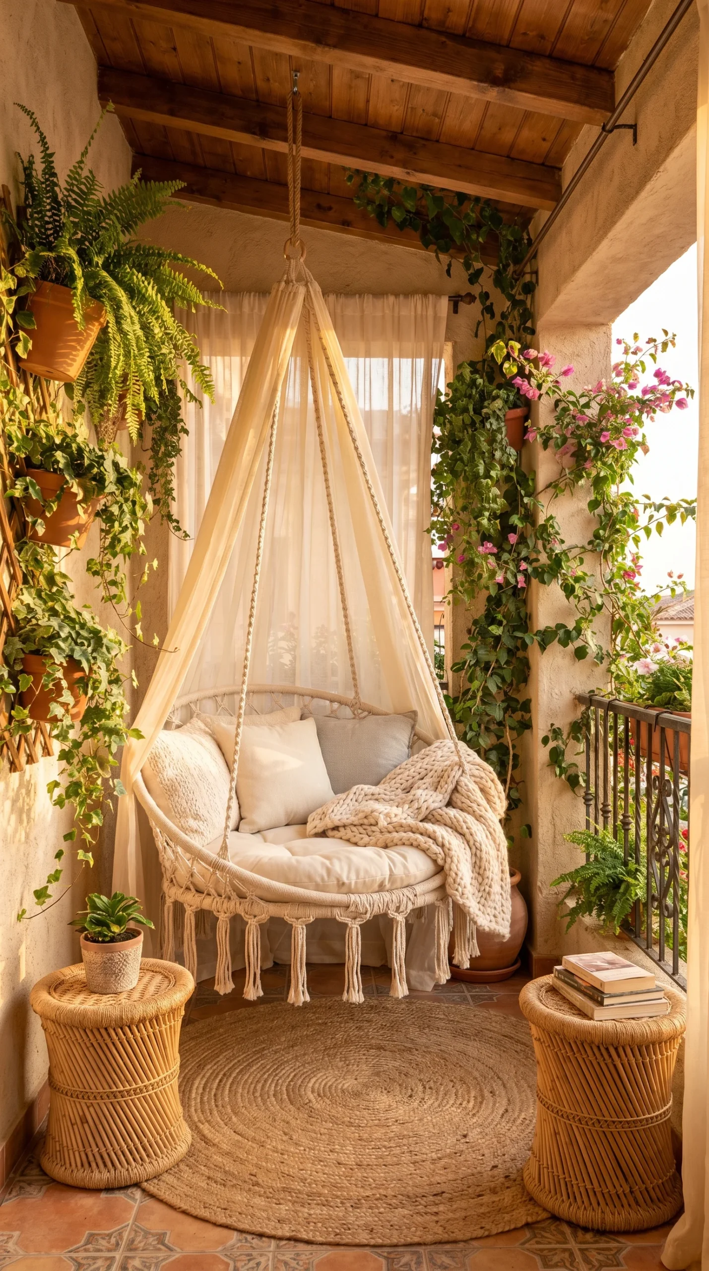 hanging canopy daybed with cream cushions and sheer draping fabric surrounded by lush trailing plants on small apartment balcony in warm golden light