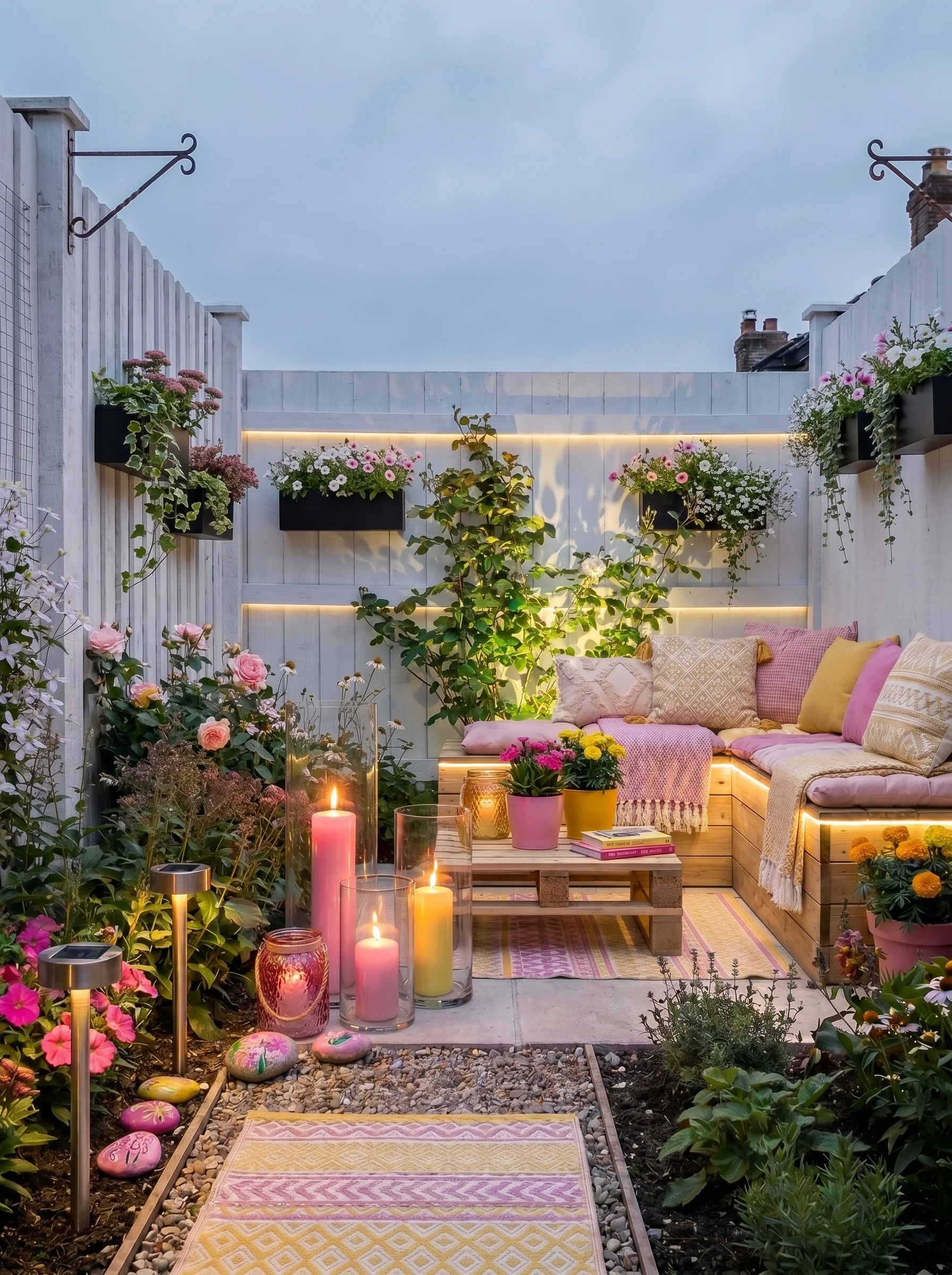 Small garden at dusk with warm string lights overhead, hurricane lanterns on the ground and glowing candles in planters