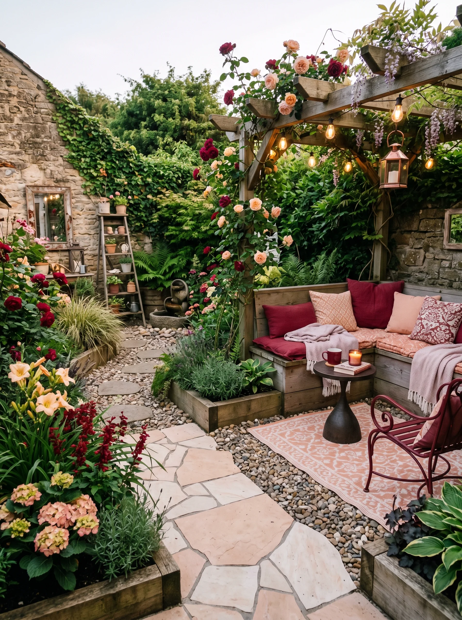 Compact garden floor with mixed porcelain paving and gravel stepping stones creating a zoned small garden layout