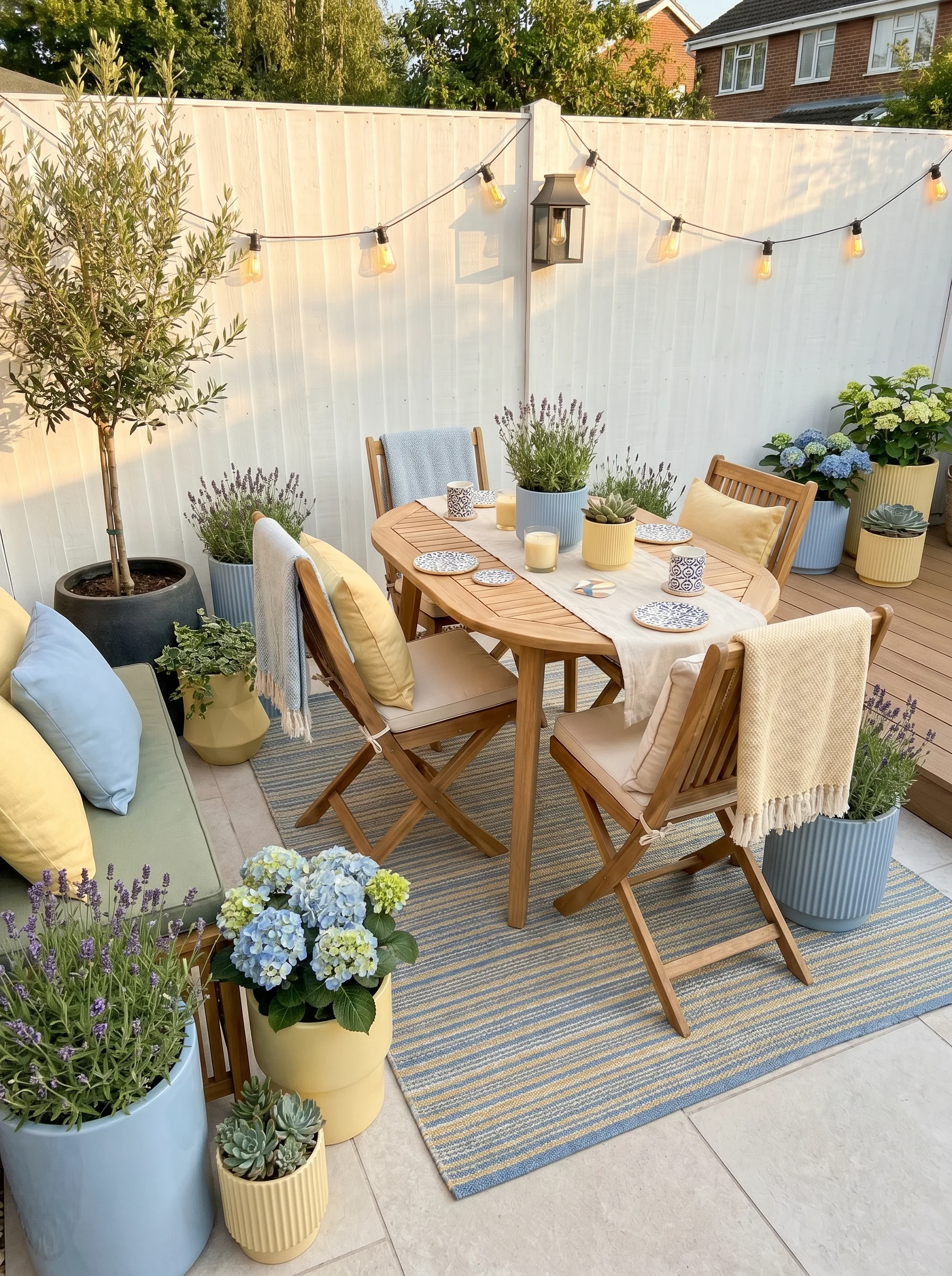 Proportional small garden bistro table and folding chairs on a paved compact garden patio with surrounding planting