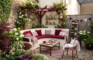 Beautifully designed small courtyard garden with raised beds, climbing plants, bistro table and warm morning light
