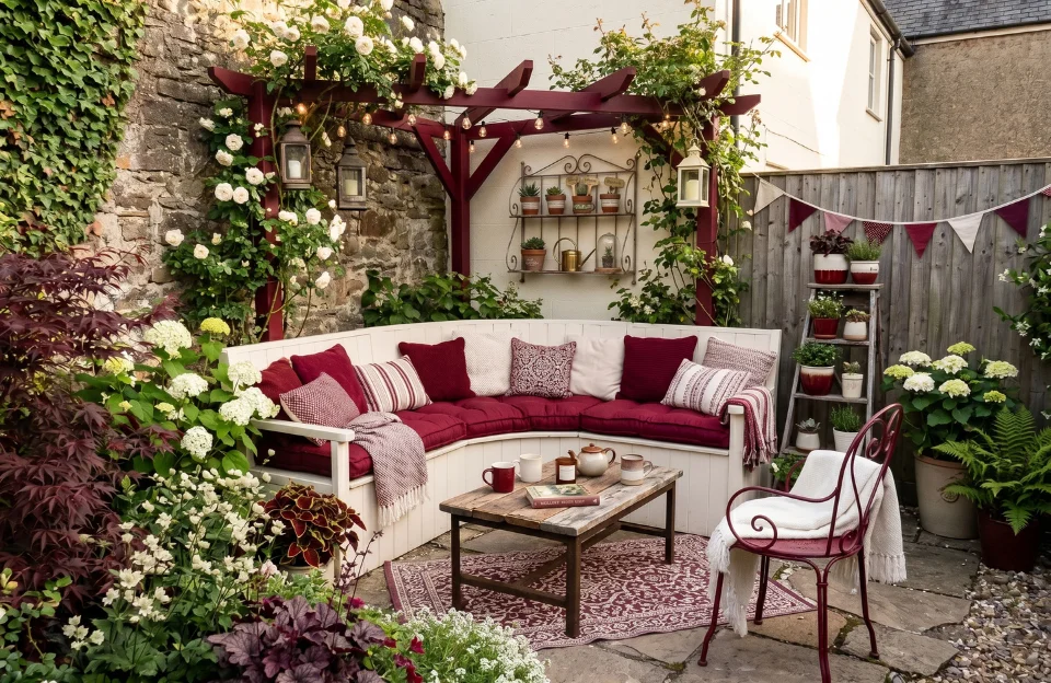Beautifully designed small courtyard garden with raised beds, climbing plants, bistro table and warm morning light