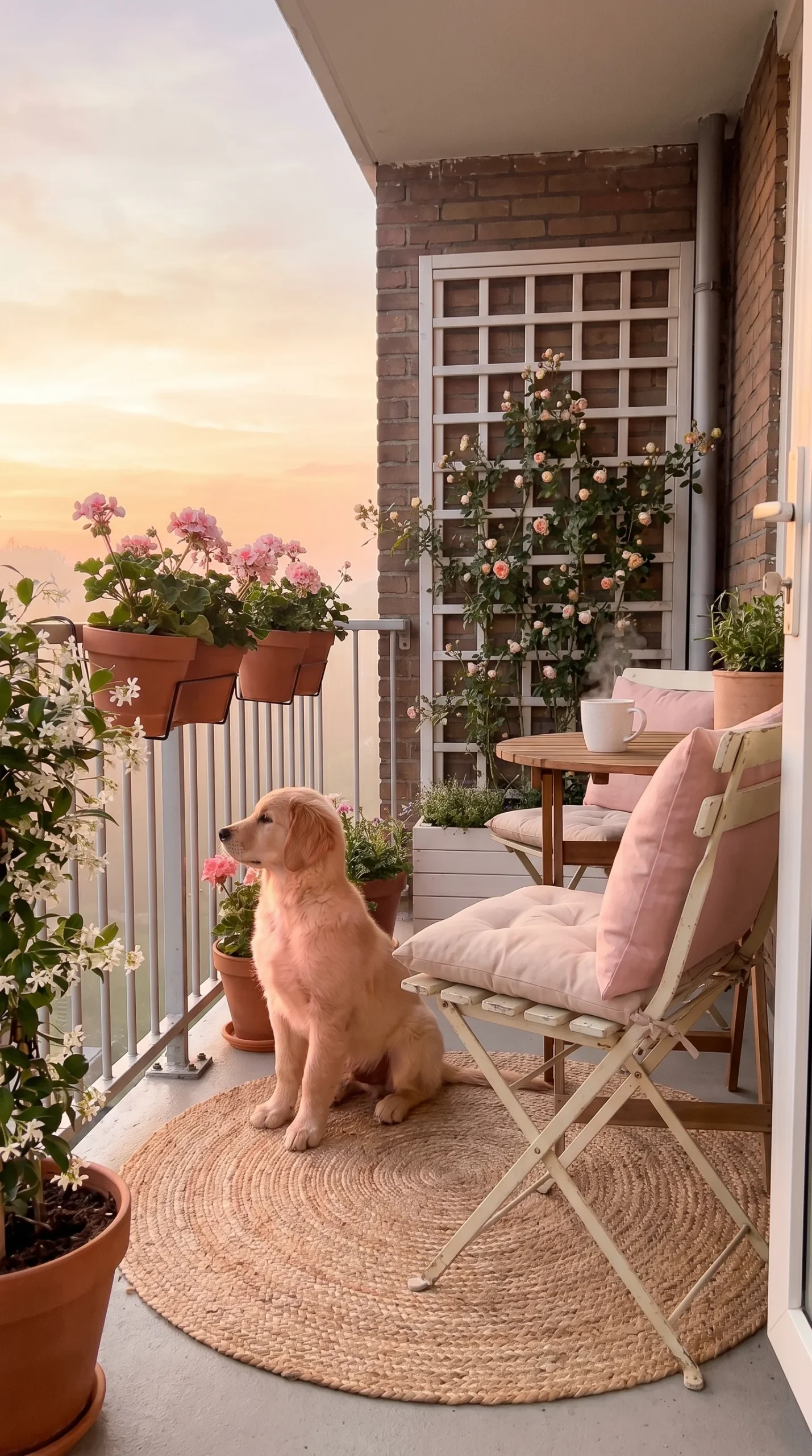 golden retriever puppy sitting on jute rug on small apartment balcony at sunrise with pink flowering plants trellis with climbing roses and cream bistro set in soft