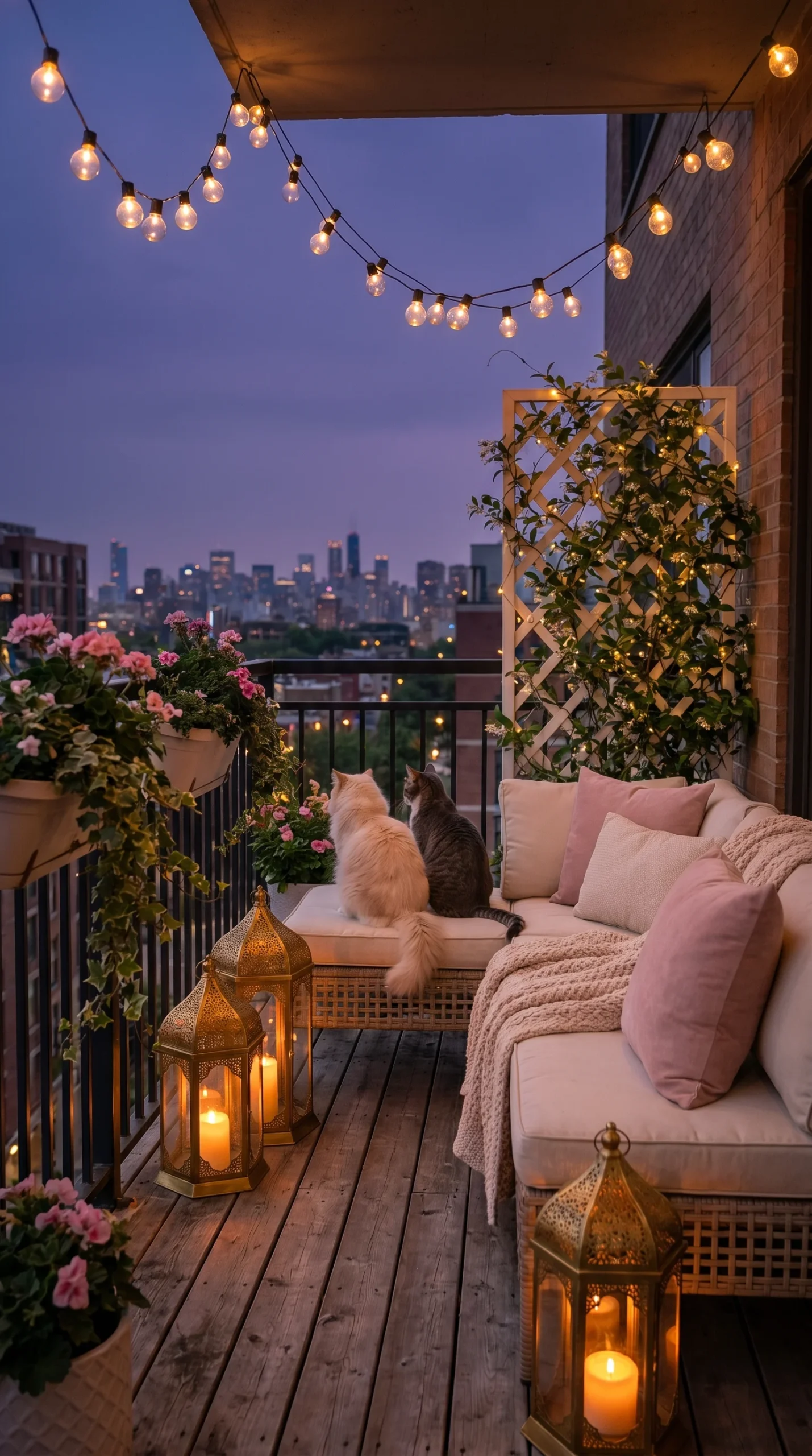 cream and grey tabby cats sitting together on cream sofa on small apartment balcony at twilight with Edison string lights gold lanterns pink flowering plants and city skyline