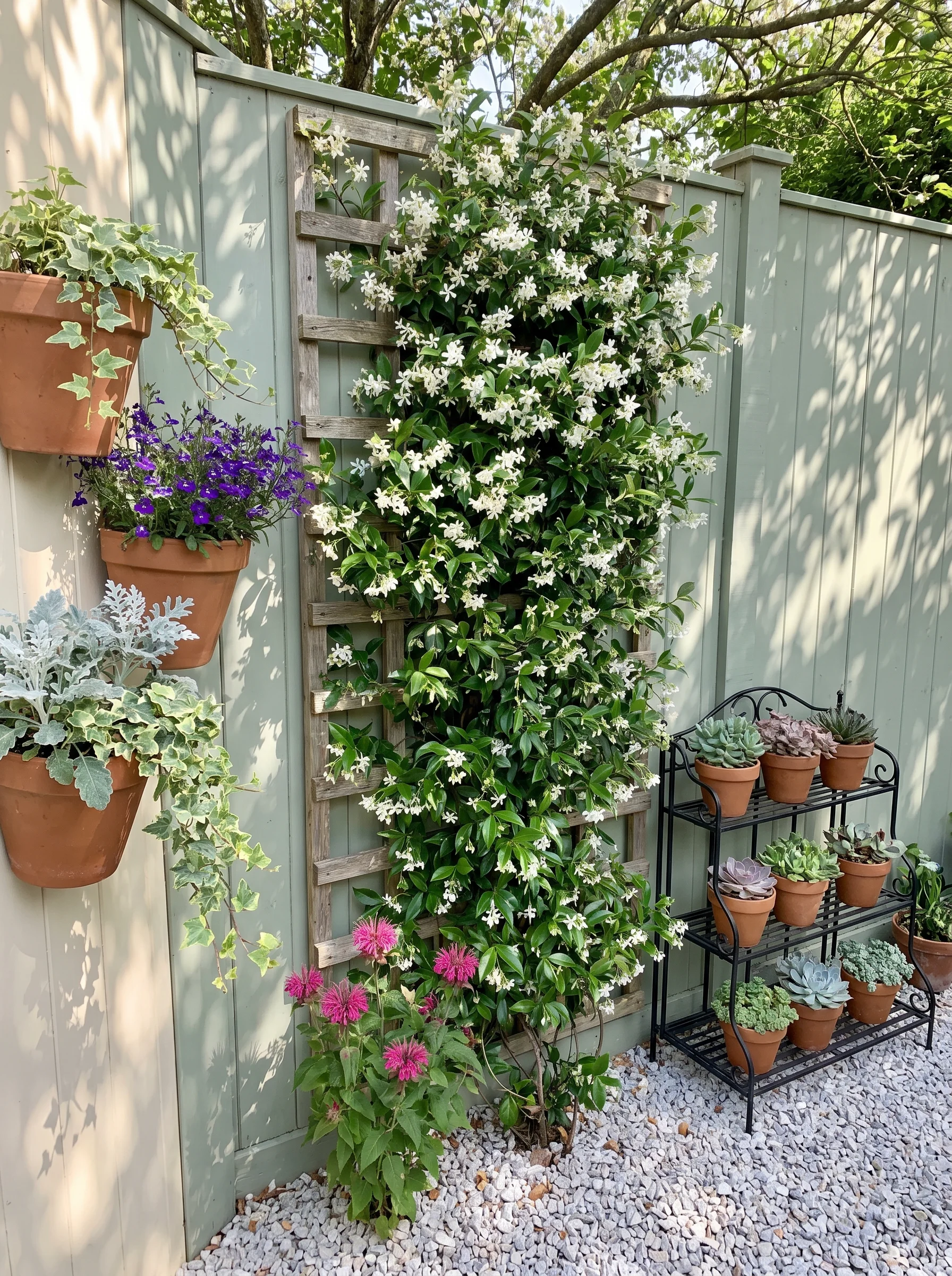 Full garden fence covered in timber trellis with lush climbing jasmine and wall-mounted planters in a small garden