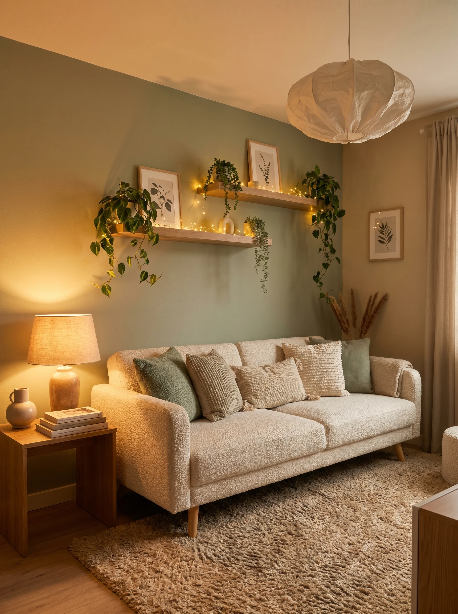 Cozy small apartment living room with layered lighting including fairy lights, table lamp, and pendant light creating a warm luxury aesthetic with sage green walls and cream decor.