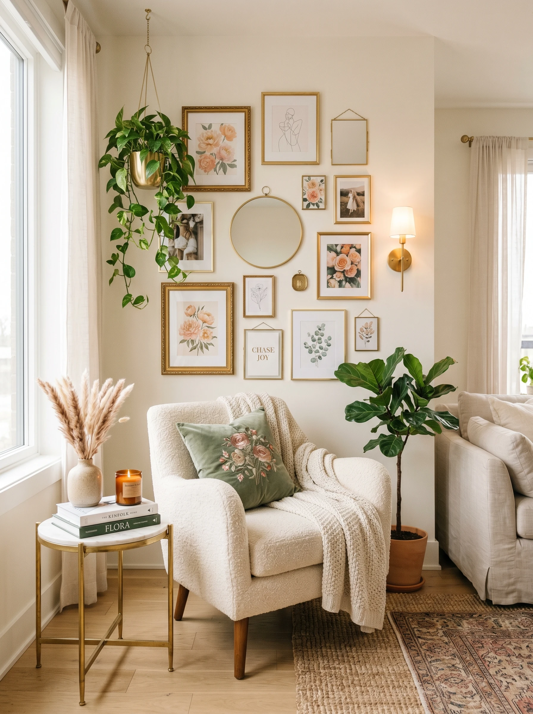 Cozy apartment living room with artistic gallery wall.