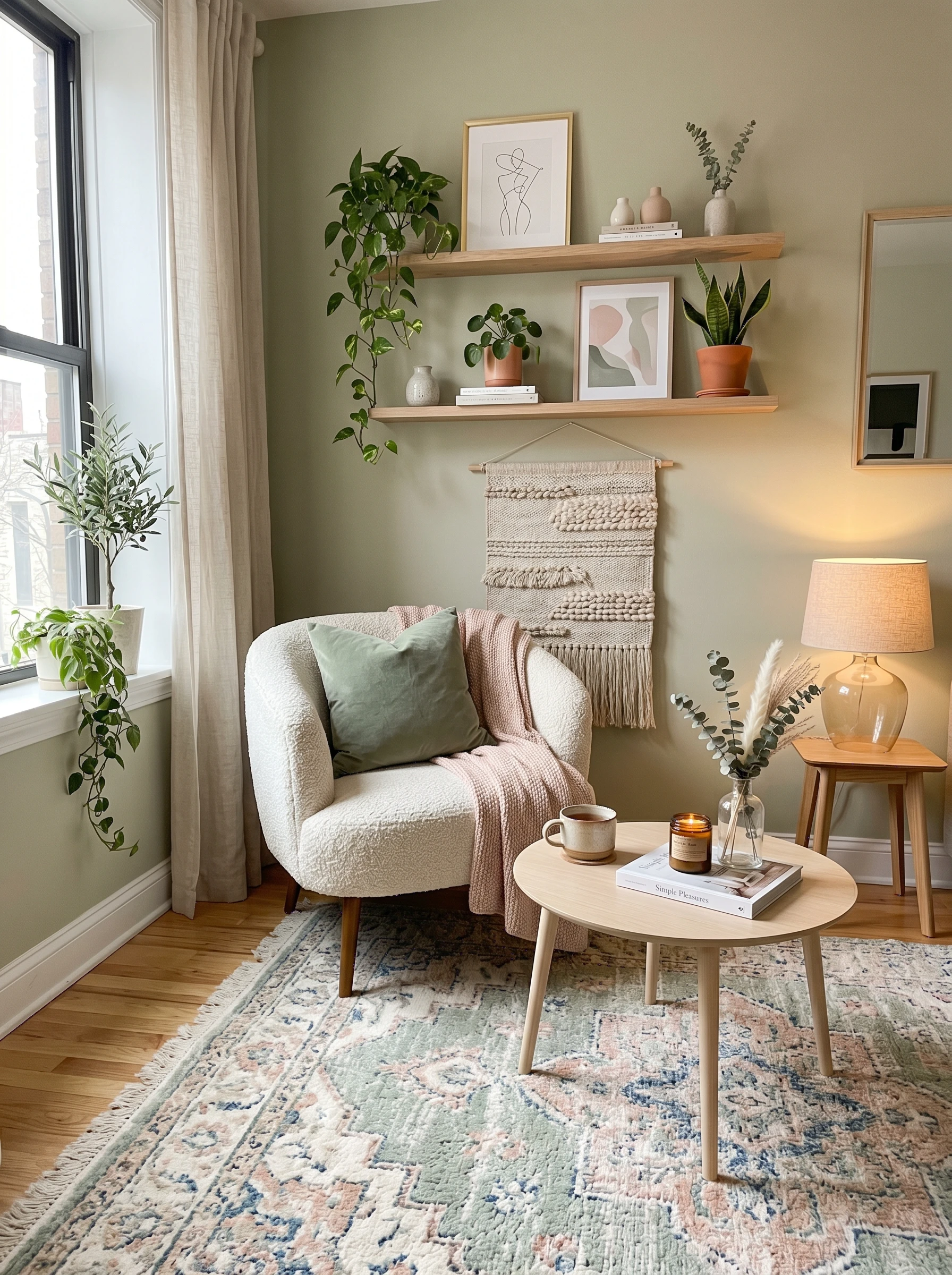 Small cozy apartment living room featuring a pastel vintage rug, cream boucle chair, soft lighting, and feminine Pinterest-style decor with warm tones.