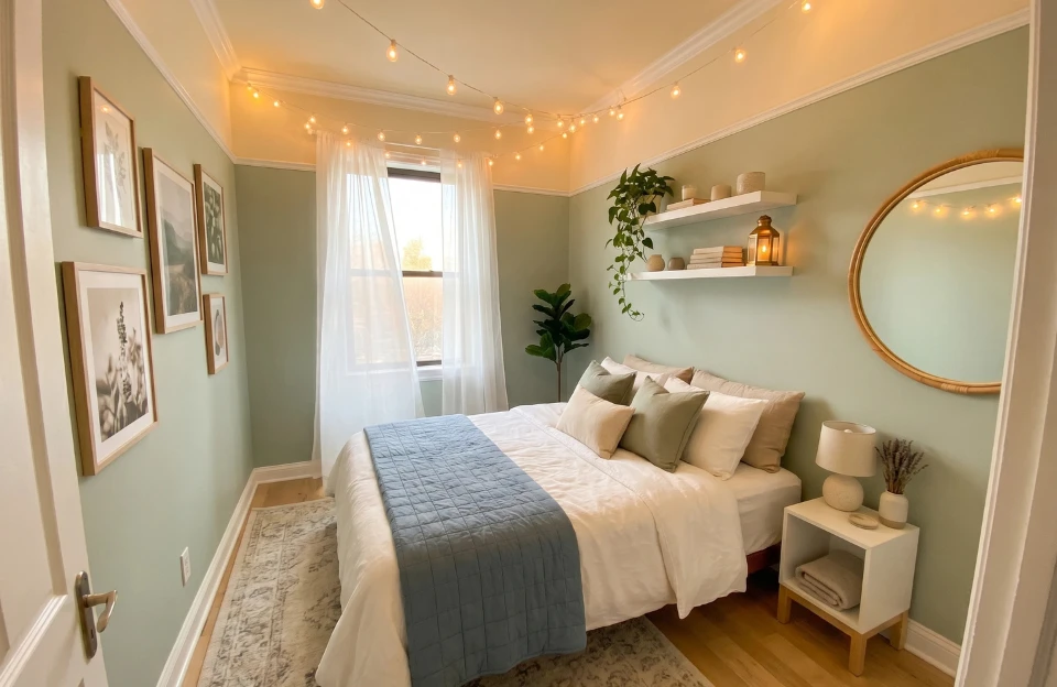 Dreamy small bedroom with sage green walls, globe string lights, white linen bed, and rattan mirror