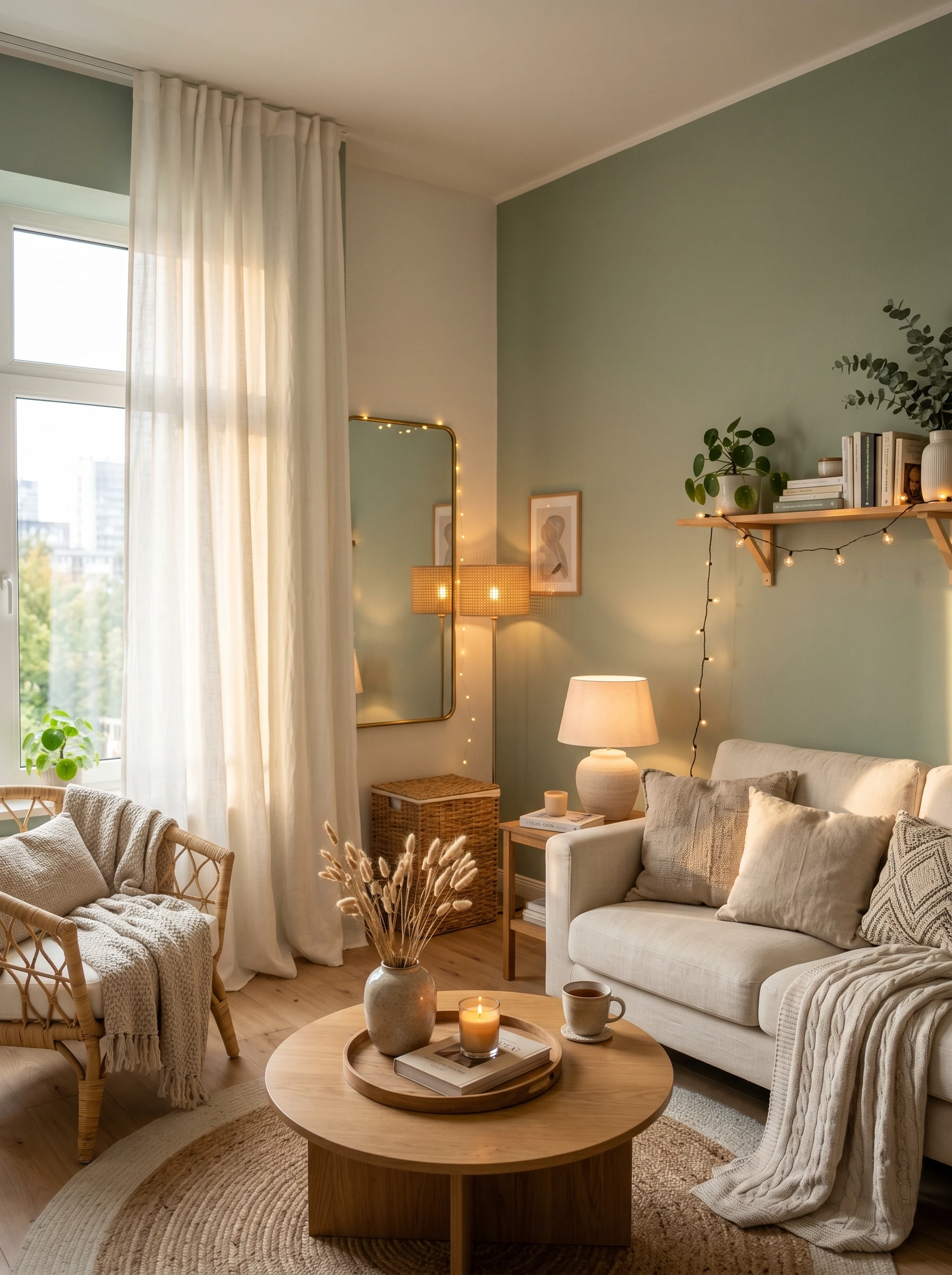Elegant small apartment living room with floor-to-ceiling white linen curtains.