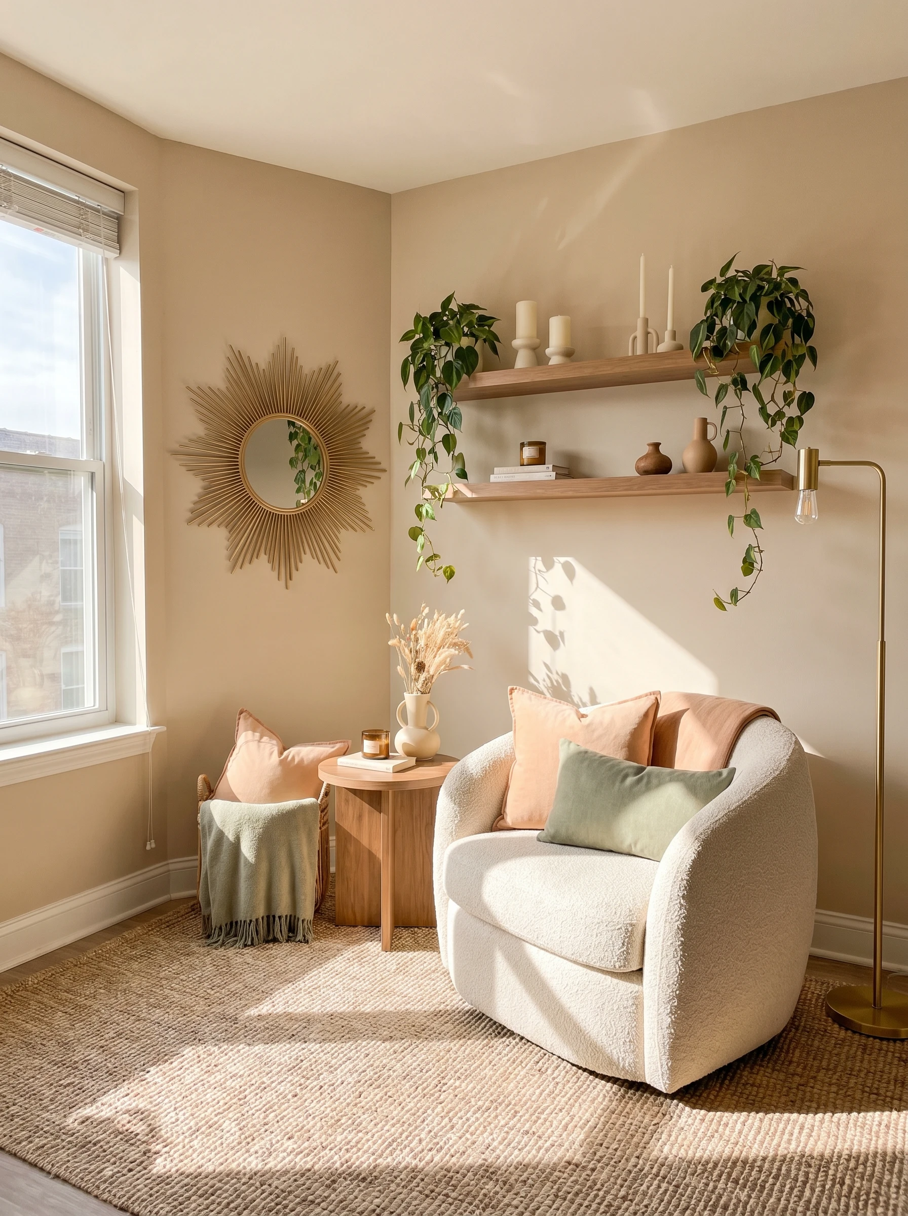Bright small apartment living room with gold sunburst mirror.