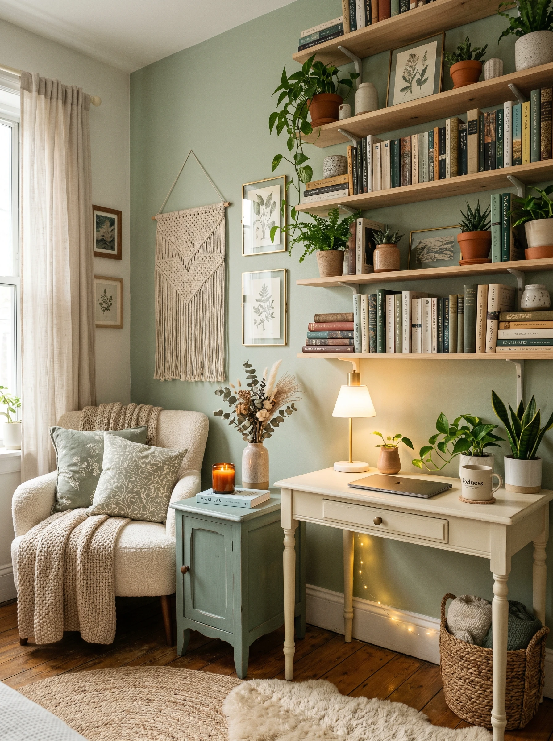 Small apartment living room with thrifted furniture makeover, painted wooden pieces, cozy lighting, and budget-friendly luxury interior styling.