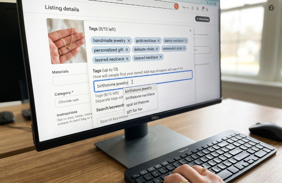 Filling in SEO tags on an Etsy digital product listing page