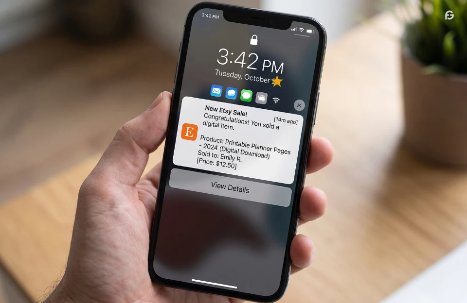 Phone notification showing a first sale on an Etsy shop