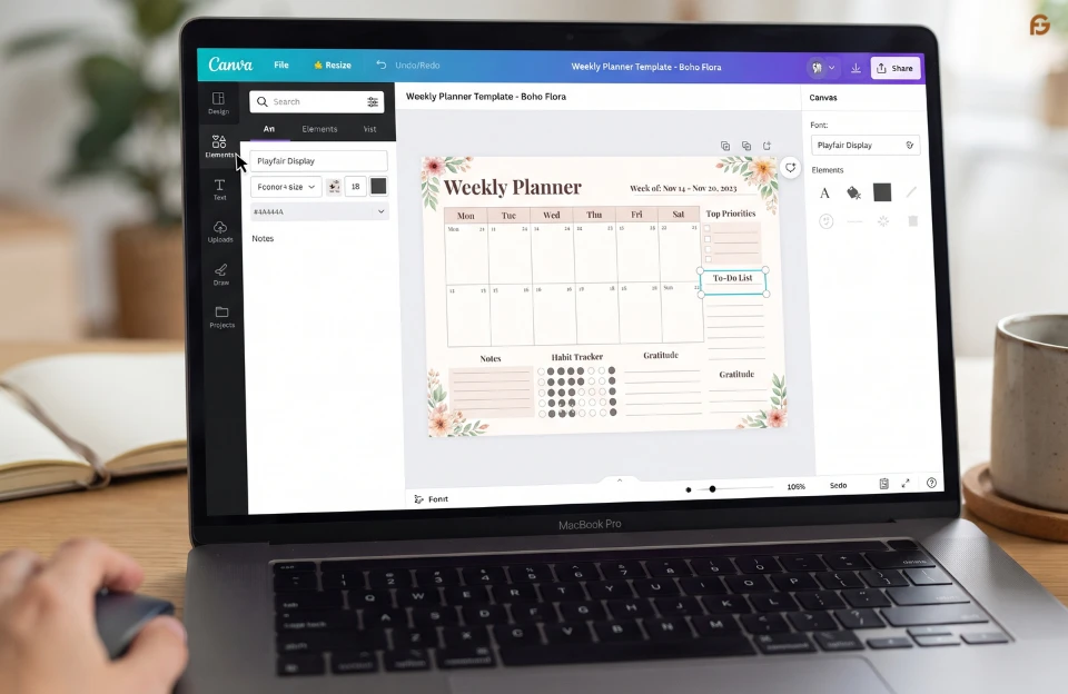 Designing a printable planner template in Canva on a laptop