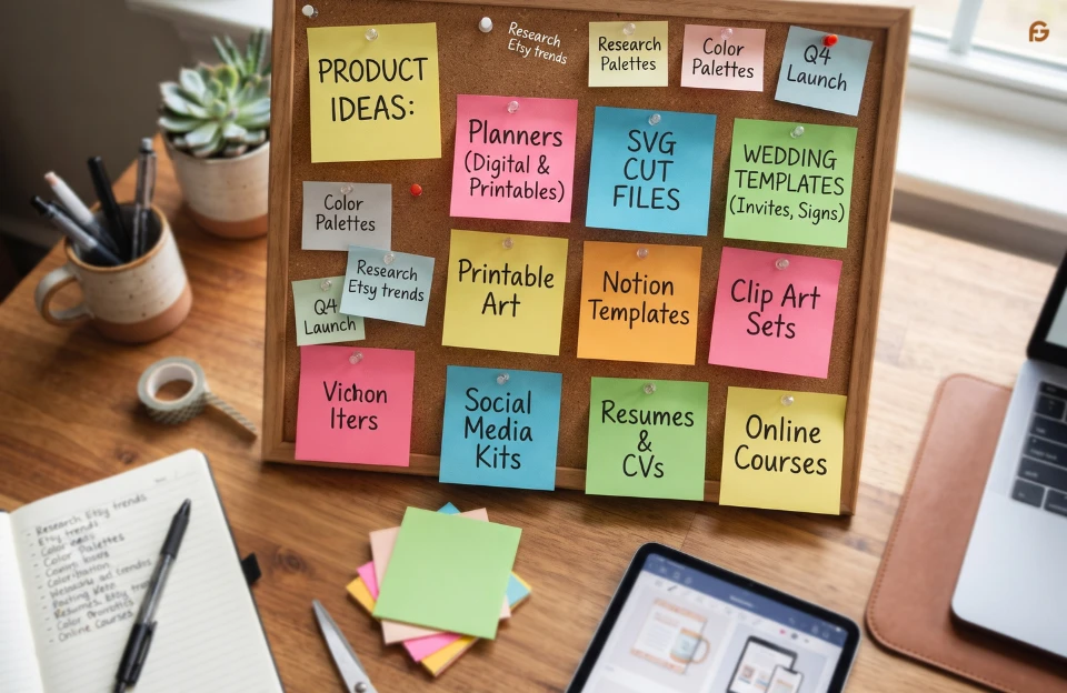Brainstorming Etsy digital product category ideas on sticky notes