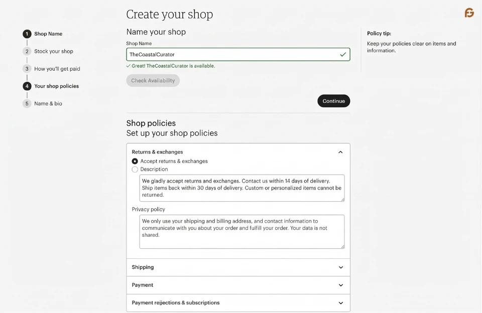 Setting up a new Etsy shop with shop name and policy details
